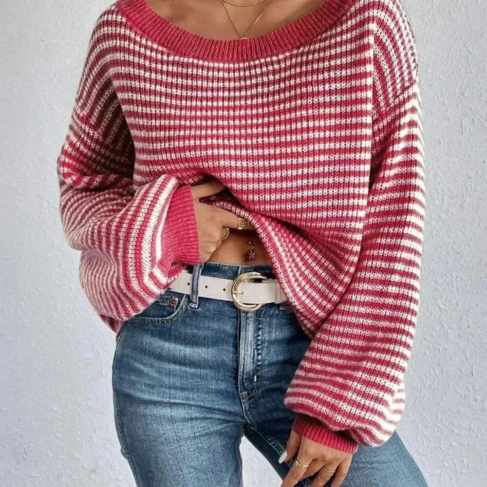 Pink Casual Women's Striped Printed Turtleneck Pullover Sweater
